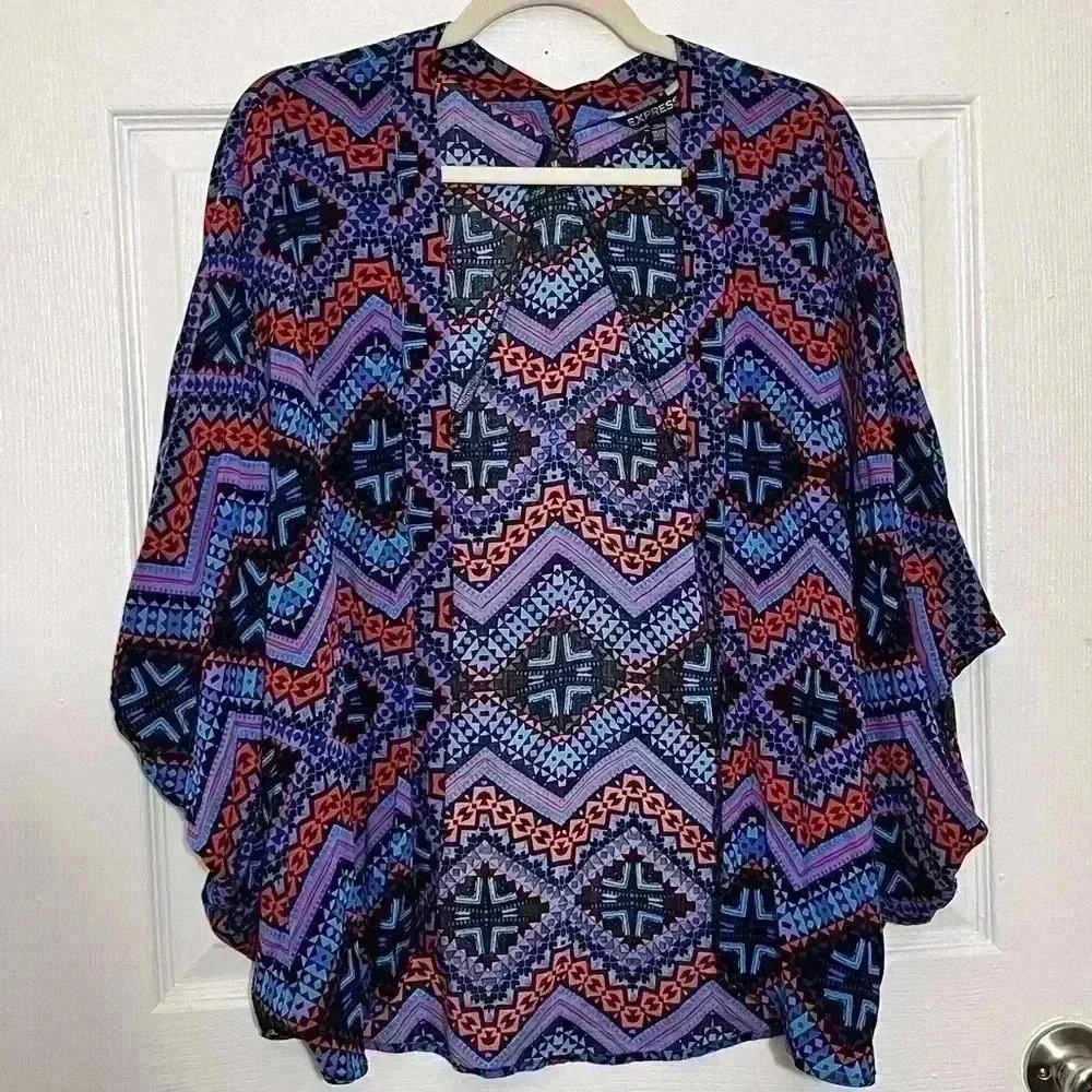 EXPRESS Geometric Purple, red and Turquoise Kimono Top | One size fits all